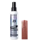 Kit com o tratamento capilar Redken One United e batom líquido Maybelline Superstay Vinyl Ink.