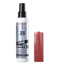 Tratamento capilar Redken, chamado "One United". Trata-se de um tratamento multi-benefício em formato de spray, com 25 benefícios anunciados na embalagem. Ao lado, há a embalagem do batom líquido superstay ink da marca Maybelline.