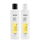 Kit com shampoo e condicionador Volume Thinning Sistema 1, da marca Nioxin.