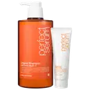 O produto de beleza Mise en Scène consiste em um frasco de shampoo laranja e máscara capilar, da linha Perfect Serum.