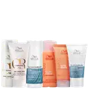 Produtos da marca Wella Professionals, incluindo shampoo e máscara das linhas BlondorPlex, Oil Reflections e Invigo Nutri-Enrich, com volumes de 30 e 50ml