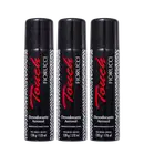 Três frascos de desodorante aerossol da marca Fiorucci, com embalagem preta e vermelha, exibindo o nome da marca em destaque. Os frascos possuem 170 ml de conteúdo líquido.