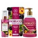 Produtos Fiorucci: Deo Colônia Splash Ameixa Negra 200ml, Sabonete Líquido Ameixa Negra 440ml e 500ml, em embalagens com cores rosa e verde, destacando a fragrância e hidratação.