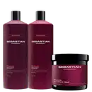 Três produtos da marca Sebastian Professional: shampoo, condicionador e máscara de tratamento, em embalagens de plástico preto e vermelho escuro, com rótulos destacando os nomes da marca e do produto.