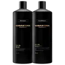 Dois frascos pretos da marca Sebastian Professional, um de shampoo e outro de condicionador da linha Dark Oil, com rótulos em dourado destacando o nome da marca e o tipo de produto.
