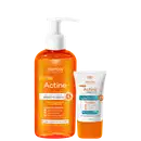 Dois produtos da marca Darrow: um gel de limpeza dermatológico Actine com fórmula de vitamina C, e um gel hidratante dermatológico Actine Aquaforce, ambos em embalagens laranja e branca com rótulos detalhados.