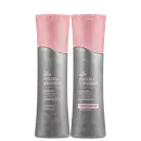 Dois frascos de shampoo e condicionador da linha Amend Expertise 40+ Prolonga & Regenera, com embalagens rosa e cinza, contendo 250ml cada, com informações sobre os benefícios do produto.