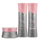 Três produtos da linha Amend Expertise 40+ Prolonga & Regenera: um frasco de shampoo revitalizante, um frasco de condicionador revitalizante e um pote de máscara revitalizante, todos em tons de rosa e cinza.