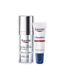 O produto Eucerin apresenta um frasco de soro Hyaluron-Filler com embalagem prateada e um tubo de creme Aquaphor com embalagem branca e azul. Ambos os produtos exibem o logotipo da marca Eucerin.