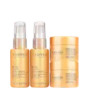 Dois frascos de 30ml do Nutri Glow Miracle Booster da Cadiveu Professional e dois potes de 30ml da Nutri Glow Nourishing Mask da Cadiveu Professional, todos em embalagens com cores predominantes de laranja e dourado.