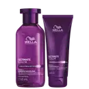 Produtos da linha Ultimate Color da Wella Professionals, incluindo um frasco de shampoo sulfate-free de 250 ml e um condicionador de 200 ml, ambos em embalagens de cor roxa com o logotipo da marca.
