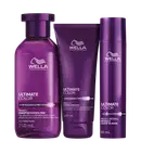 Produtos da linha Ultimate Color da Wella Professionals, incluindo shampoo sulfate-free, condicionador e máscara leave-in, em embalagens de plástico com predominância da cor roxa.