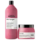 Produtos da linha Pro Longer da L'Oréal Professionnel, incluindo um frasco de shampoo e um pote de tratamento condicionante, ambos em embalagens rosa e preta com detalhes em branco.