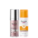 Dois produtos Eucerin: um frasco rosa com rótulo "Anti-Pigment Dual Sérum Facial" e um frasco laranja com rótulo "Pigment Control Sun Fluido FPS 60", ambos em embalagens de plástico com detalhes metálicos.