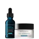 Conjunto SkinCeuticals A.G.E. com serum ultra concentrado em frasco azul com conta-gotas (30ml) e creme para olhos em pote branco com tampa preta, ambos com rótulos em azul e branco.