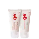 Kit GE Beauty com duas embalagens brancas e tampas translúcidas. Design minimalista com logo "ge" em destaque central.