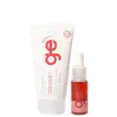 Conjunto GE Beauty com tubo branco de 150ml e frasco com conta-gotas vermelho de 0,50ml. Embalagens com logo circular vermelho, textos em português e design minimalista em tons brancos e vermelhos.