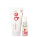 Conjunto GE Beauty com tubo branco de 150ml para tratamento capilar e frasco com conta-gotas. Embalagens com logo vermelho, textos em português sobre propriedades anti-envelhecimento e extrato de chá verde.