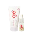 Conjunto GE Beauty com tubo branco e frasco com conta-gotas transparente. Embalagens com logo vermelho, texto em português.