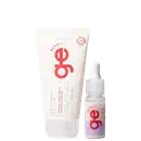 Conjunto GE Beauty com tubo branco de 150ml para cuidados capilares e frasco com conta-gotas em tons rosa e roxo.
