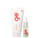 Conjunto GE Beauty com dois produtos: tubo branco de 150ml com logo vermelho e texto "Finalizador Leave-in" e frasco com conta-gotas de 15ml com logo vermelho. Embalagens em tons brancos, vermelhos e verde-água.