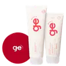 Kit GE Beauty Tratamento Intensivo Trio, 3 produtos. Embalagens brancas, com detalhes em vermelho.