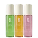 Três frascos transparentes de 200ml da GE Beauty, com tampas creme: Pear Fresh (verde), Santal Skin (âmbar) e Rose Ritual (rosa), todos "body & hair mist".