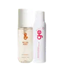 Dois produtos GE Beauty: frasco transparente com tampa branca contendo splash corporal e capilar "Melon Mood" (100ml) e aerossol branco com logo rosa para controle de oleosidade. Embalagens com logotipo "ge" em destaque.
