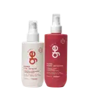 Dois frascos spray GE Beauty: primer branco 150ml para cabelos lisos e primer vermelho 250ml para cachos definidos.