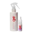 Spray leave-in GE Beauty de 200 ml em frasco branco com gatilho transparente, ao lado de um frasco-conta-gotas de com tampa branca e rótulo lilás. Logo vermelho.
