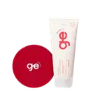 Máscara condicionadora GE Beauty de 200 mL em bisnaga branca com logo vermelho, ao lado de um pote redondo vermelho com tampa e logo branco.