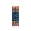 Frasco de perfume da marca Lattafa Perfumes, com design em tom azul escuro e detalhes em metal dourado com flores decorativas. O rótulo exibe o nome "Al Jawhara" em árabe.