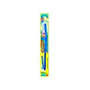 Escova dental Sorriso de cor azul e amarela, com texto "Sorriso" impresso no corpo da escova. O produto está embalado em uma caixa retangular amarela e azul.
