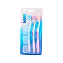 Conjunto de 3 escovas de dente Kess em cores azul, rosa e roxa, com embalagem plástica transparente mostrando os produtos.