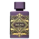 Frasco de perfume Lattafa Bade'e Al Oud, com design ornamental em tons de roxo e dourado, contendo texto árabe e elementos decorativos em estilo art déco.