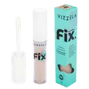 O produto é um corretivo da marca Vizzela, chamado "Fix", em uma embalagem de tubo plástico branco e caixa de papelão na cor azul turquesa. O rótulo destaca as características do produto, como cobertura, longa duração e resistência.