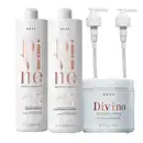 Este é o trio Braé Divine, ideal para cabelos lisos ou com alisamento. Contém shampoo e condicionador antifrizz para uso diário, uma máscara de tratamento profundo e duas válvulas dosadoras pump.