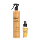 Um frasco spray de 300ml contendo um fluido para escova, e um frasco de 30ml contendo um reparador de pontas.