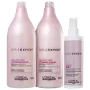 A imagem apresenta três produtos da L’Oréal Professionnel: dois frascos (500ml) rosa claro, e um spray branco e rosa, para cabelos coloridos.