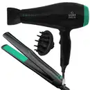 A imagem mostra um secador de cabelo preto com detalhes em verde, ao lado aparece um difusor removível com pinos para modelar. Por fim, há uma chapinha na cor preta com uma faixa verde e design elegante.