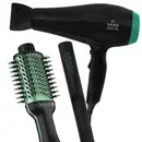 Imagem de um secador de cabelo, escova e chapinha, de cor preta e verde.