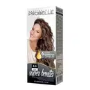 Coloração de cabelo creme da marca Probelle. Embalagem retangular com imagem de uma mulher sorridente com cabelos longos e ondulados em tons castanhos. Texto "Super Bonita" e "6.0 louro escuro" indicando a tonalidade.