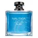 Perfume Nautica Voyage N-83 em frasco retangular de vidro transparente contendo líquido azul claro. Tampa preta fosca e detalhes prateados. Design minimalista e elegante com linhas retas e formas geométricas.