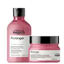 A imagem mostra um kit da L'Oréal Professionnel Pro Longer com um frasco arredondado de shampoo e  com um pote redondo de condicionador, ambos de cor rosa escuro, rótulo branco e tampa preta.