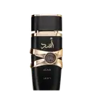 Frasco de perfume preto e dourado da marca Lattafa Perfumes, com o nome "Asad" em árabe e um selo dourado no centro. O design é elegante e minimalista, com detalhes dourados que realçam a embalagem.