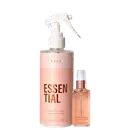 Este é um conjunto de dois produtos para o cabelo da Braé Hair Care. Inclui um spray de reparação capilar e um óleo de brilho para cabelos danificados.