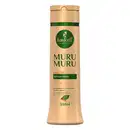 Shampoo Haskell, chamado "MuruMuru". A embalagem é um frasco dourado com um rótulo verde, contendo 300ml do produto. O rótulo apresenta informações sobre a composição do shampoo, destacando que é "sem parabenos, sem corantes" e "produto vegano".