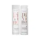 A imagem mostra dois produtos da linha Divine de Braé. Ambos são cilíndricos, cor branca e detalhes em rosé gold. Sendo um shampoo e um condicionador.