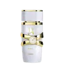 Frasco de perfume branco e dourado da marca Lattafa, com rótulo dourado exibindo o nome "Yara". O frasco possui uma tampa dourada e uma faixa dourada em torno da embalagem.