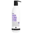 Condicionador High Condition da marca Curly Care. Embalagem plástica branca cilíndrica com tampa preta. Rótulo frontal com o nome do produto em letras grandes na cor roxa e a descrição "condicionador" abaixo.